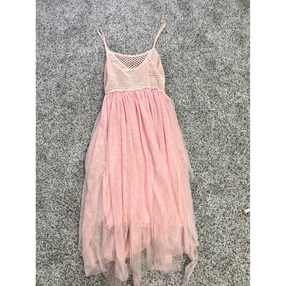 MiLady Italy Pink Crochet Tulle Maxi Dress Spaghetti Strap Fairycore Boho 48in - Picture 11 of 13